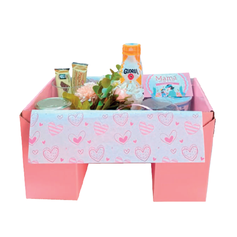 Caja para regalo personalizada color rosa con diseño de corazones, ideal para detalles y obsequios, fabricada por Proboxes en Perú.